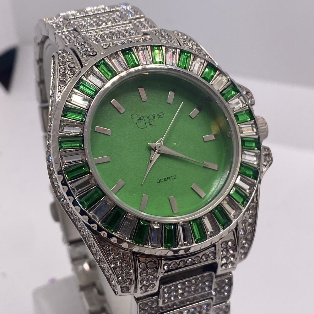 Unisex Silver Baguette Cut Hip Hop Bling Watch Green Dial Works New Battery